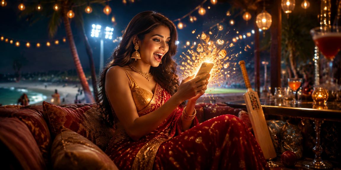 Indian woman placing live cricket bets using smartphone app